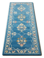 Azure Blossom Path Hand Tufted Runner Rug — blue, cream, pink chinoiserie rug by Maia Homes on a white background