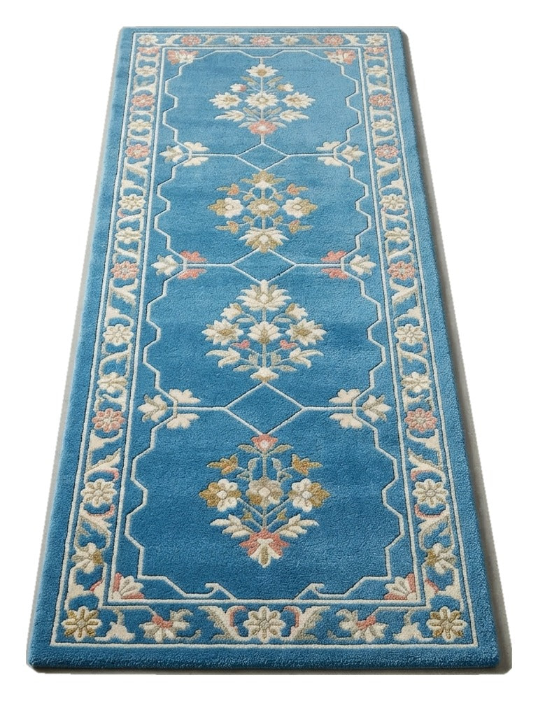 Azure Blossom Path Hand Tufted Runner Rug — blue, cream, pink chinoiserie rug by Maia Homes on a white background