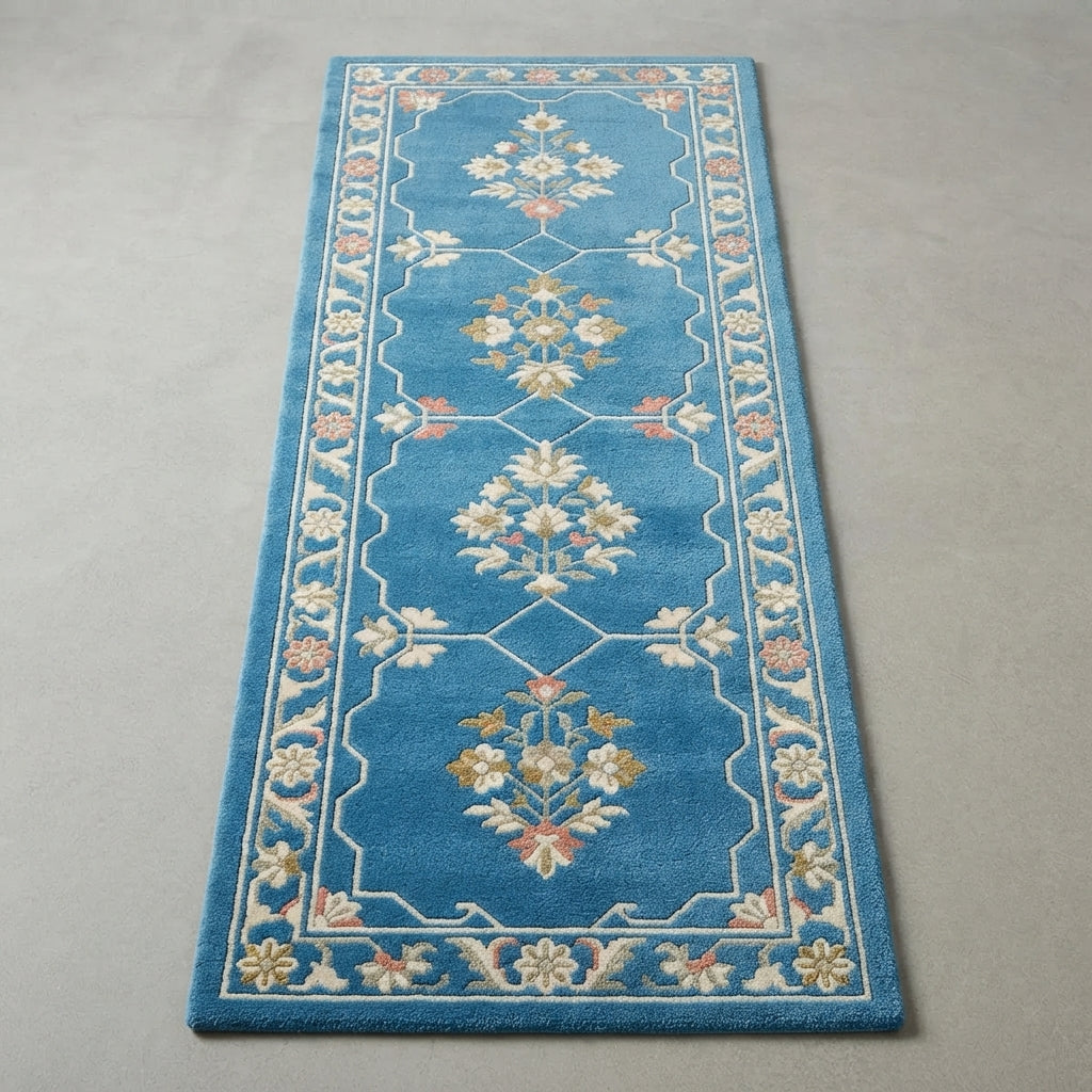 Azure Blossom Path Hand Tufted Runner Rug — blue, cream, pink chinoiserie rug by Maia Homes