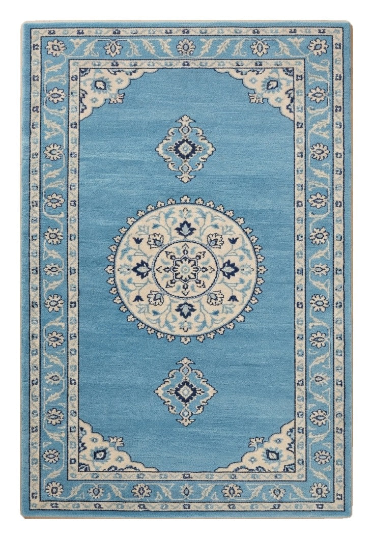 Azure Pendant Medallion Hand Tufted Rug — blue, light blue, cream traditional rug by Maia Homes on a white background