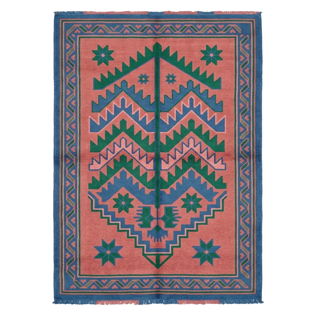 A rectangular woven rug with a coral pink field, blue and green geometric zigzag patterns, and a blue border with fringe on the top and bottom edges.