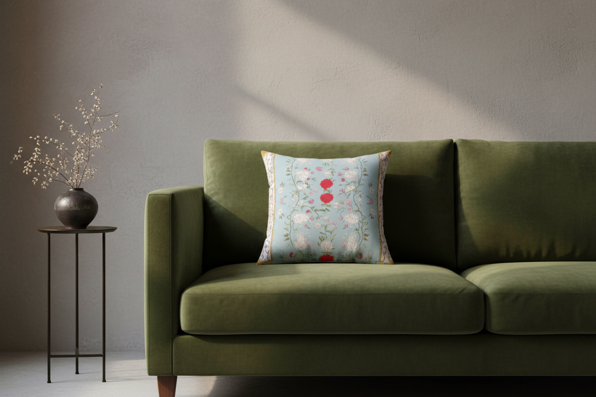 An olive green velvet sofa in a modern living room setting, featuring a light blue floral throw pillow in the center. A small black metal side table with dried branches in a dark vase sits to the left against a textured gray wall with soft diagonal sunlight shadows.