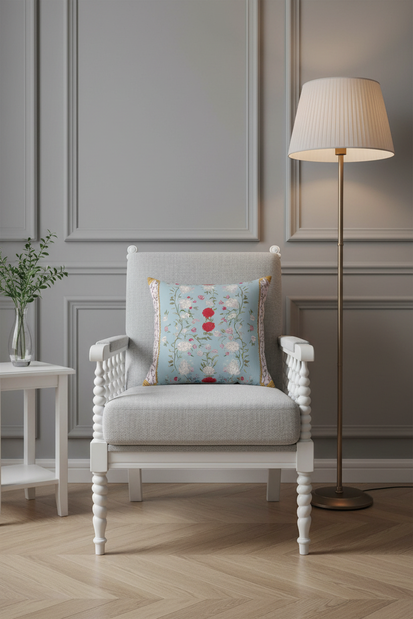 An olive green velvet sofa in a modern living room setting, featuring a square light blue throw pillow with a delicate pink and red floral pattern, next to a small black side table with dried branches.