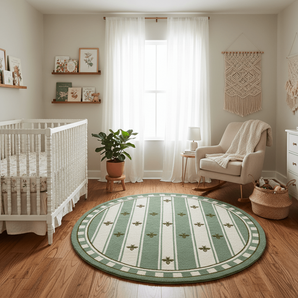 Nursery room with a green and white round rug, crib, and armchair.