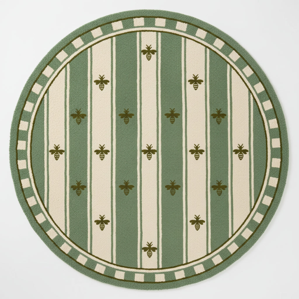 rug with green and white pattern on a light blue background