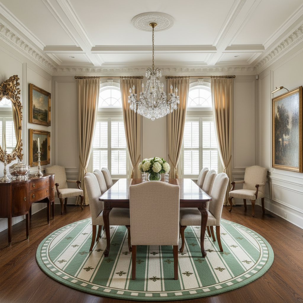 Elegant dining room with a large round rug, chairs, and a chandelier.