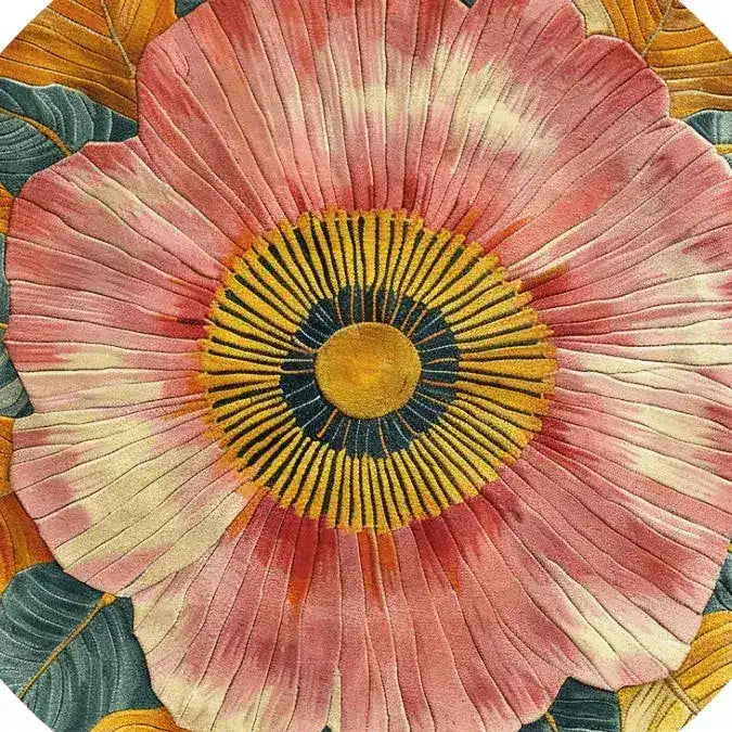 This vibrant round area rug showcases a hand-tufted floral design in warm pinks, yellows, and blues, perfect for adding a pop of color to any bedroom or office space. Crafted from high-quality wool, this bedroom area rug features a large bloom pattern that makes it a striking centerpiece for any room.