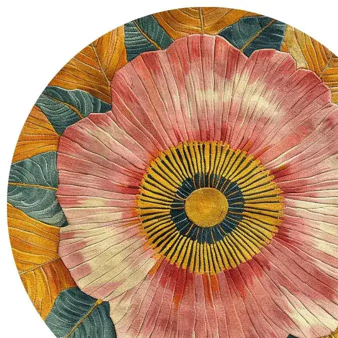 This vibrant area rug, crafted from premium wool, features a stunning hand-tufted design with a bold floral motif. The round rug showcases a large, colorful bloom with rich pink petals, a striking yellow center, and lush green leaves, perfect for adding a touch of nature to your bedroom or office space. Ideal as a bedroom area rug, this wool rug brings warmth and style to any setting.