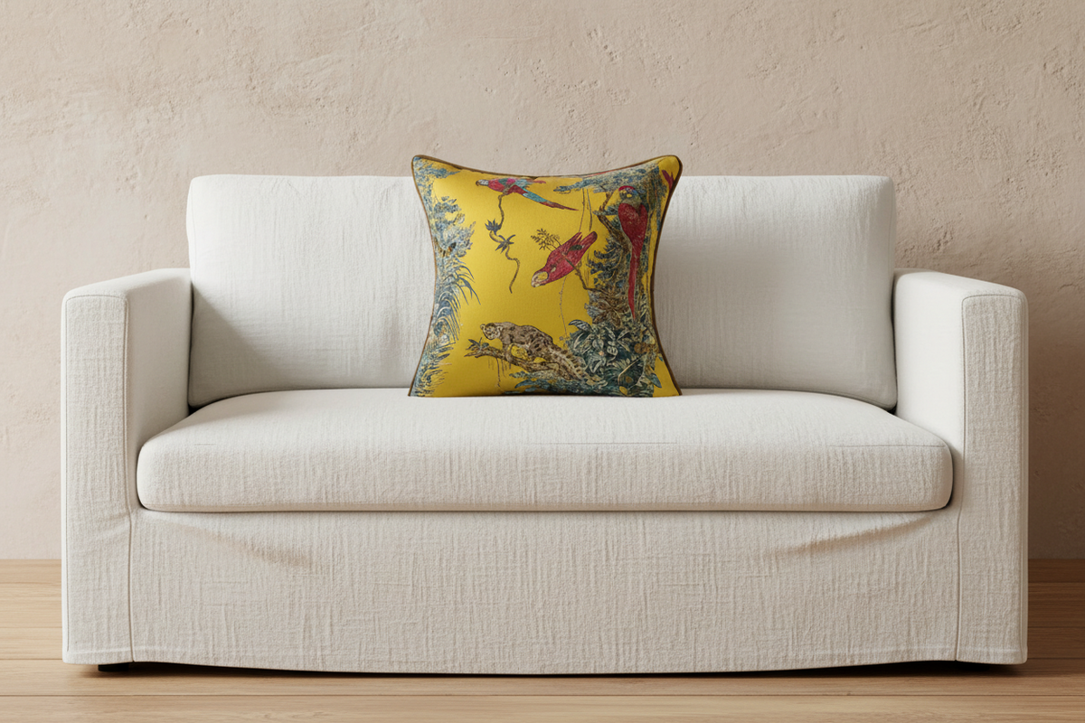 A square decorative throw pillow with a vibrant yellow background and a detailed botanical and bird pattern, styled on a cream-colored fabric sofa against a textured beige wall.
