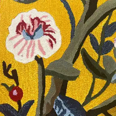 Close-up of the Birdsong Blossom Hand Tufted Rug, showcasing an intricate floral design with vibrant colors. Perfect for adding a touch of elegance to your living room, this wool area rug is an ideal choice for large living room spaces, offering both style and comfort.