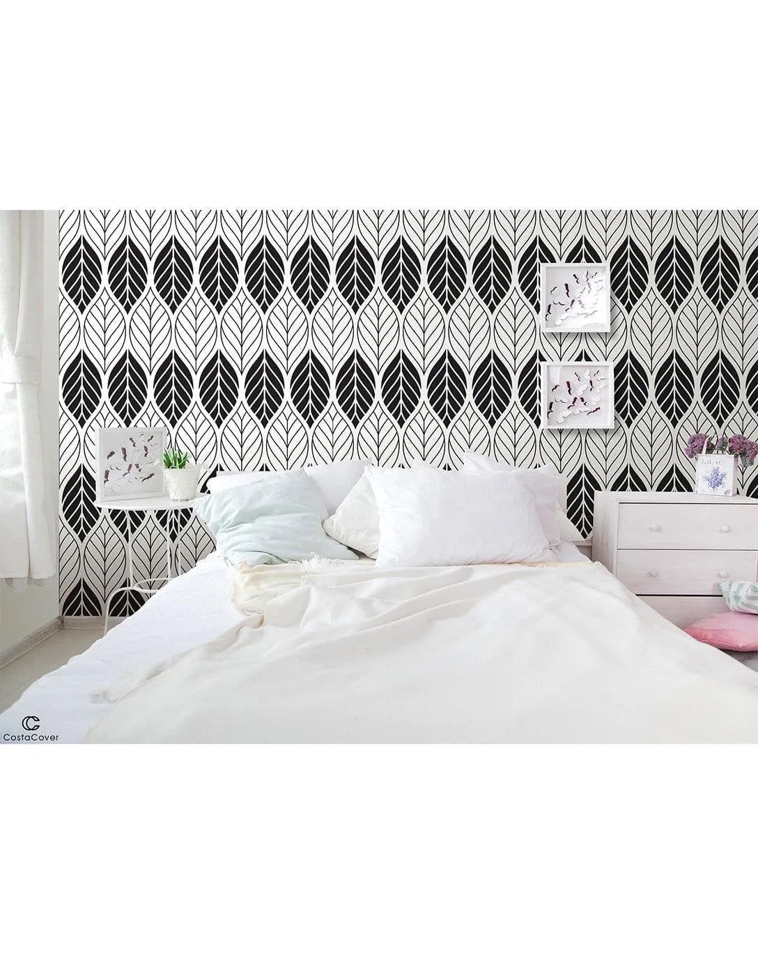 Black White Floral Geometric Leaves Removable Wallpaper