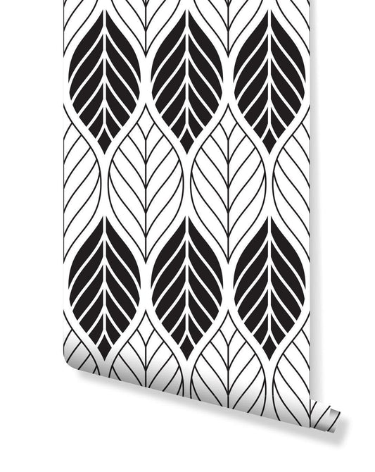 Black White Floral Geometric Leaves Removable Wallpaper Black White Floral Geometric Leaves Removable Wallpaper 