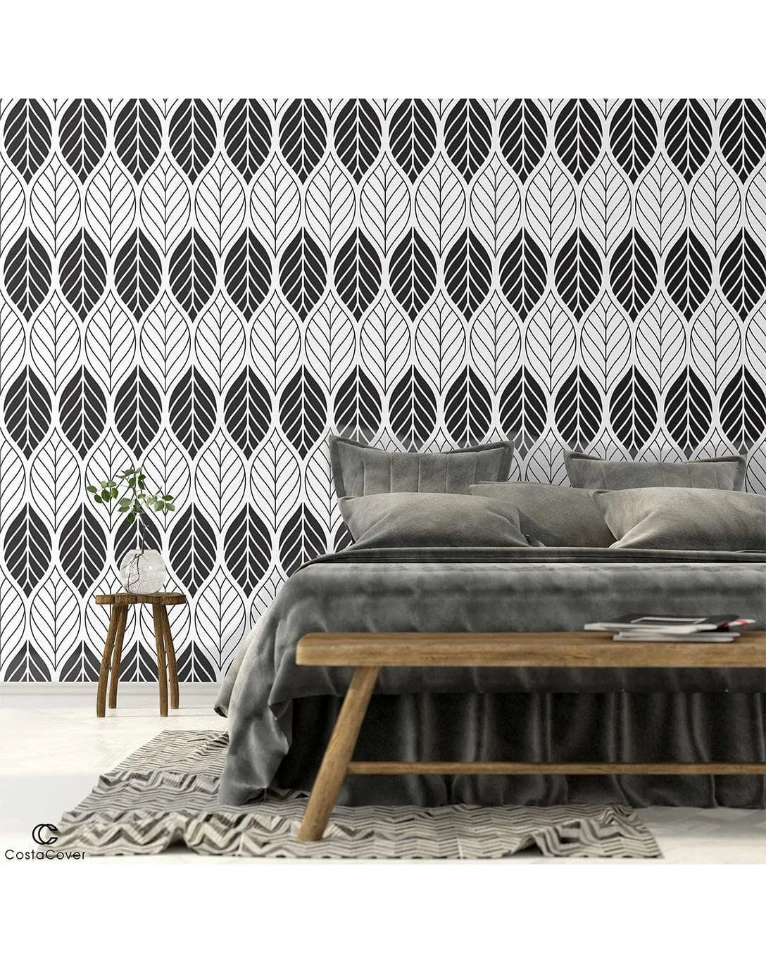 Black White Floral Geometric Leaves Removable Wallpaper