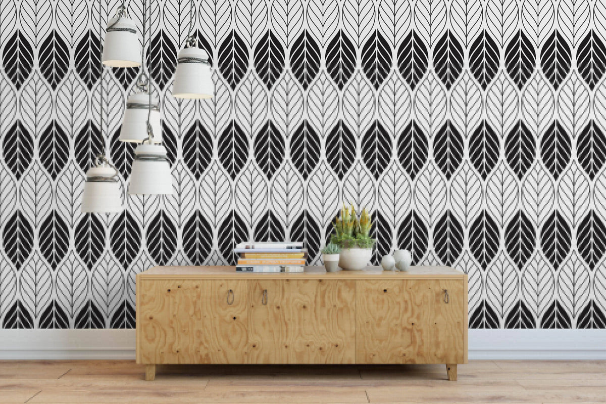 Black White Floral Geometric Leaves Removable Wallpaper