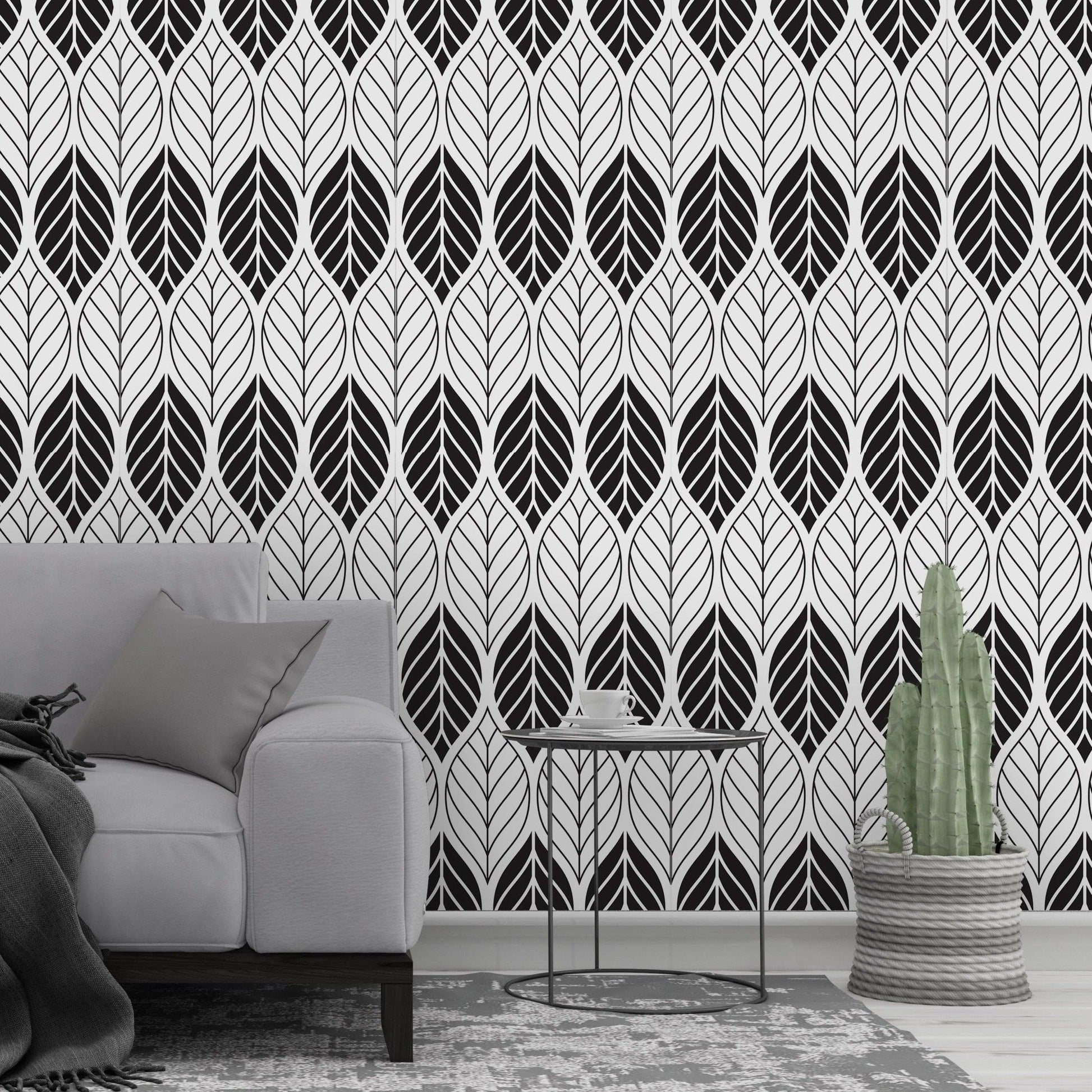Black White Floral Geometric Leaves Removable Wallpaper 