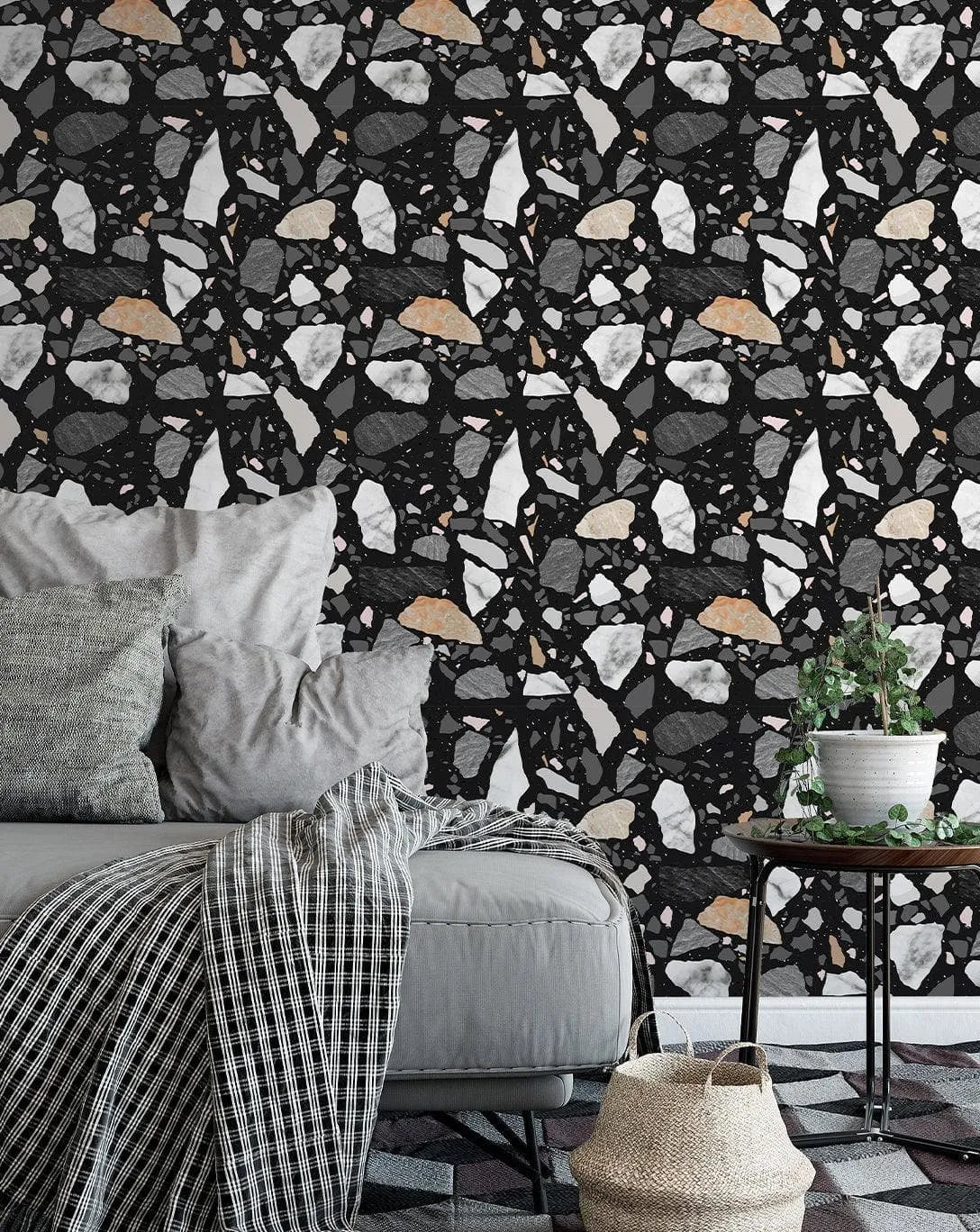 Black and Gray Texture Terrazzo Self Adhesive Wallpaper