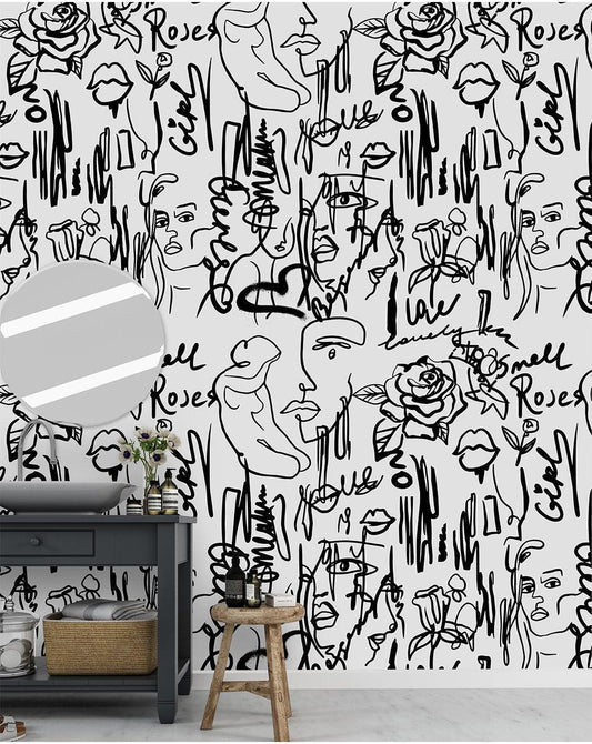 Black and White Abstract Female Line Art Self Adhesive Wallpaper 
