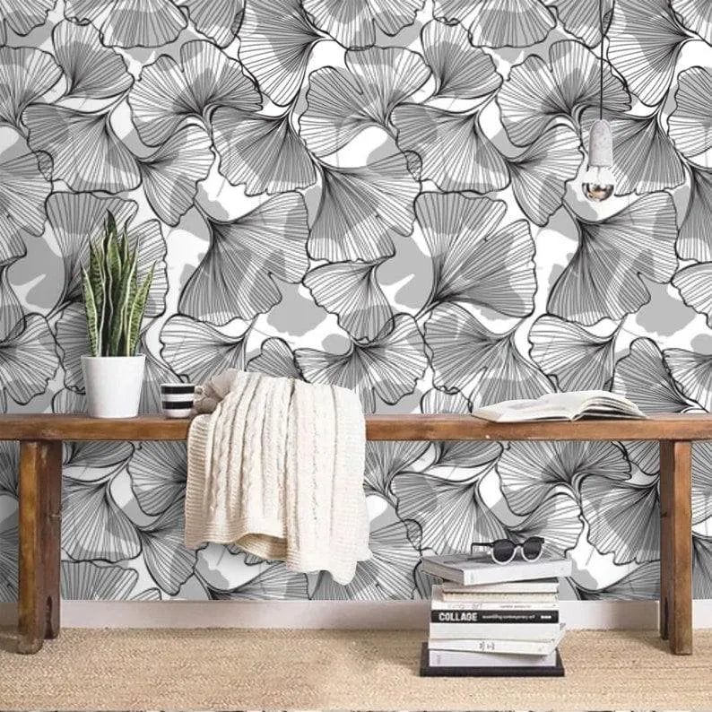 Black and White Gingko Leaves Botanical Wallpaper