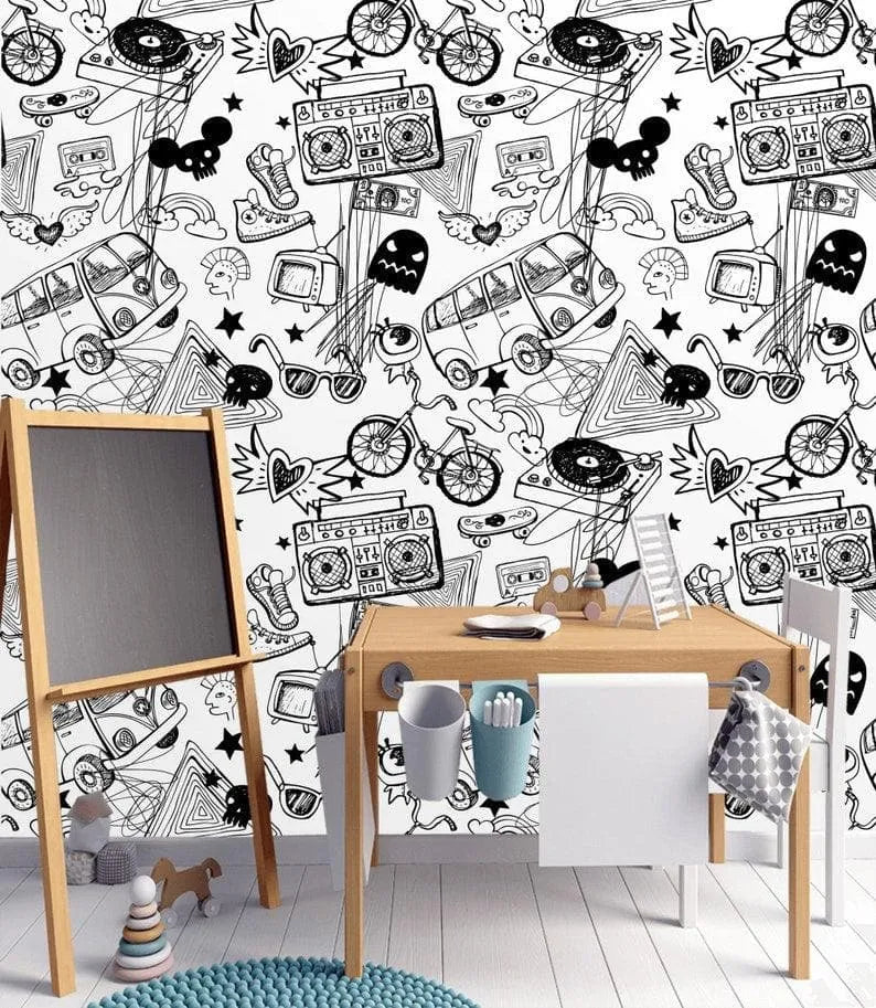 Black and White Graffiti Pop Culture Wallpaper Mural