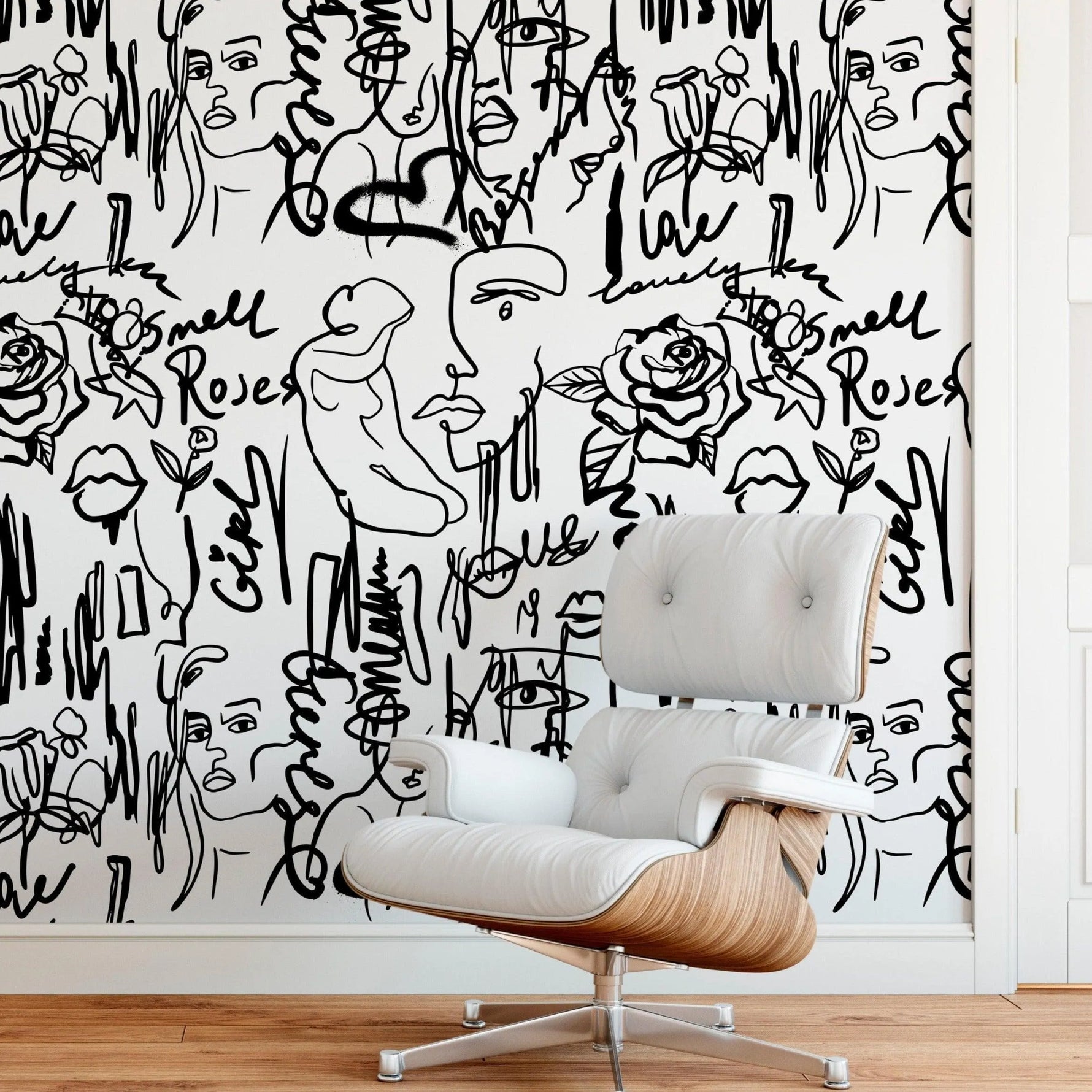 Black and White Abstract Female Line Art Self Adhesive Wallpaper