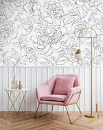 Black and White Line Art Peony Self Adhesive Mural