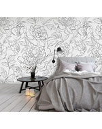 Black and White Line Art Peony Self Adhesive Mural