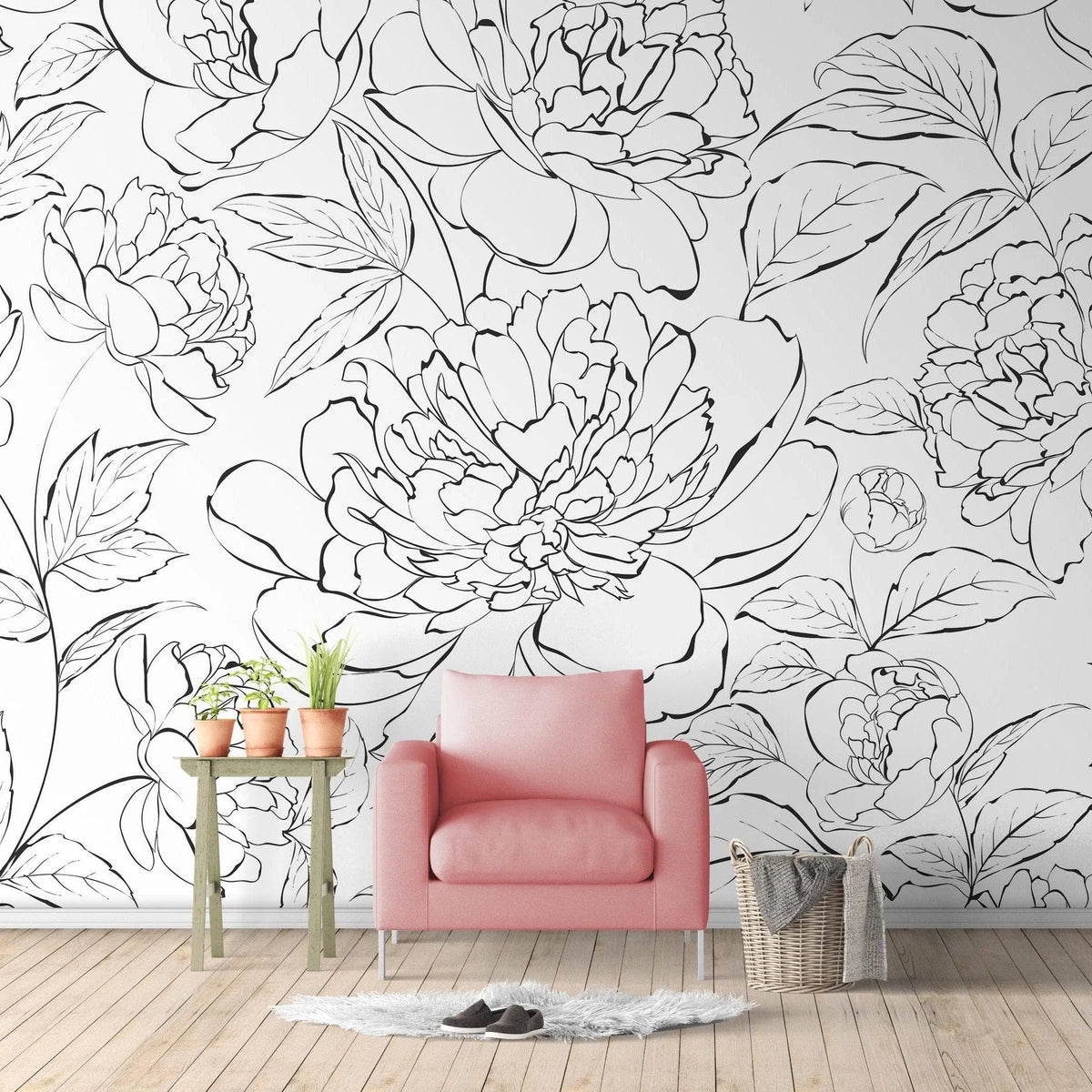 Black and White Line Art Peony Self Adhesive Mural