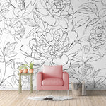 Black and White Line Art Peony Self Adhesive Mural