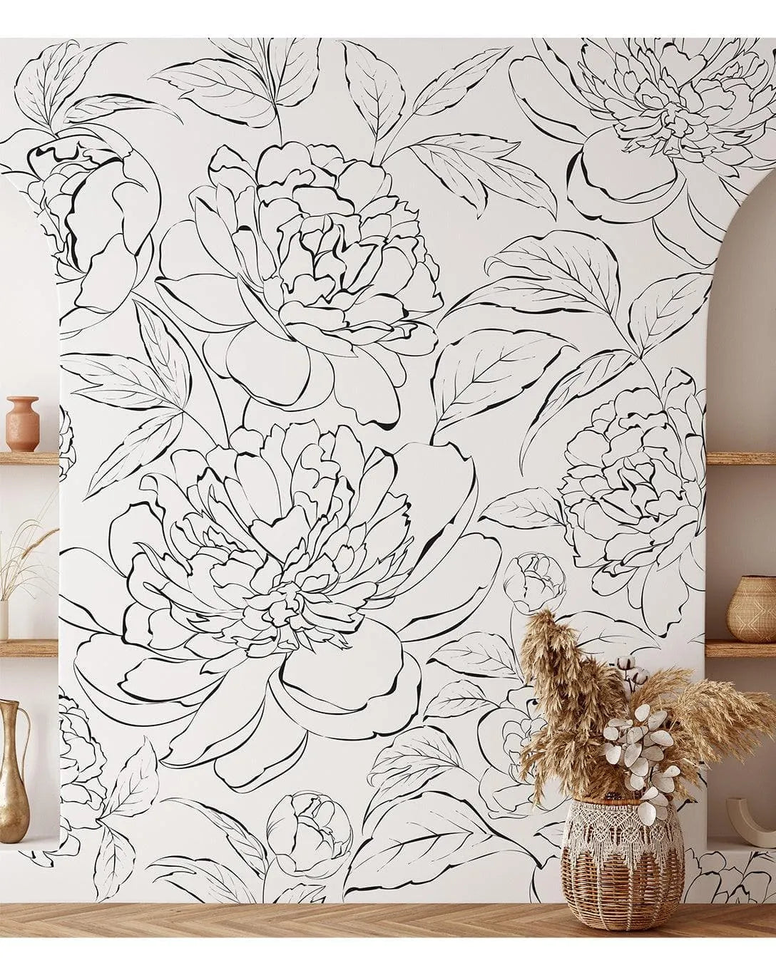 Black and White Line Art Peony Self Adhesive Mural