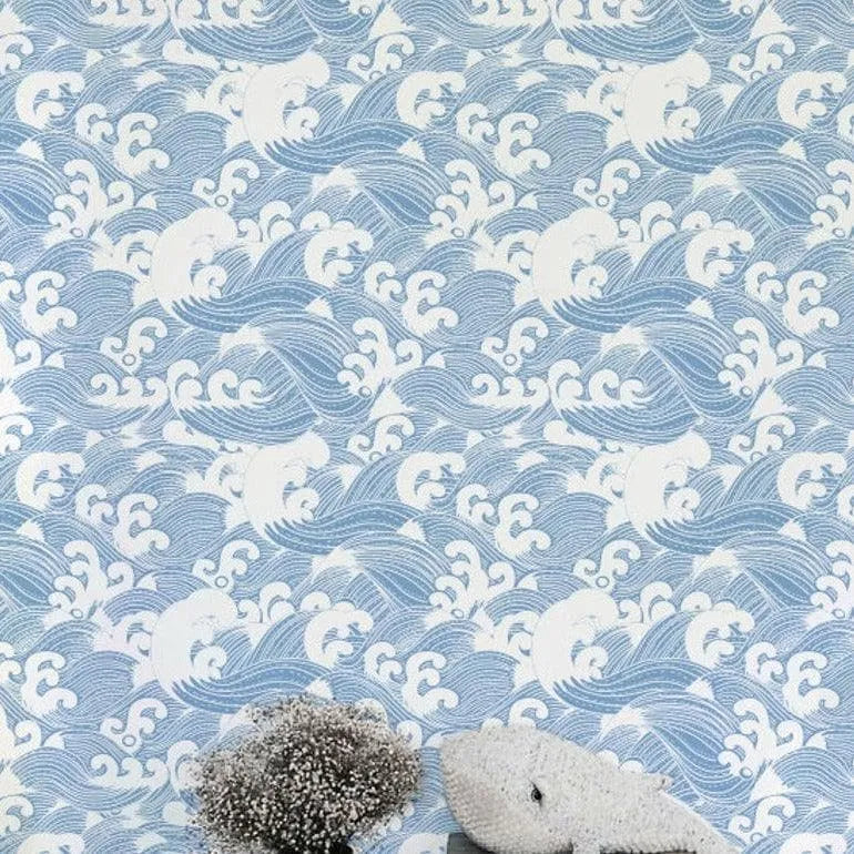 Chinoiserie Blue and White Waves Wallpaper