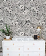 Black and White Poppy Floral Wallpaper