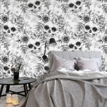 Black and White Skulls Flowers Self Adhesive Wallpaper