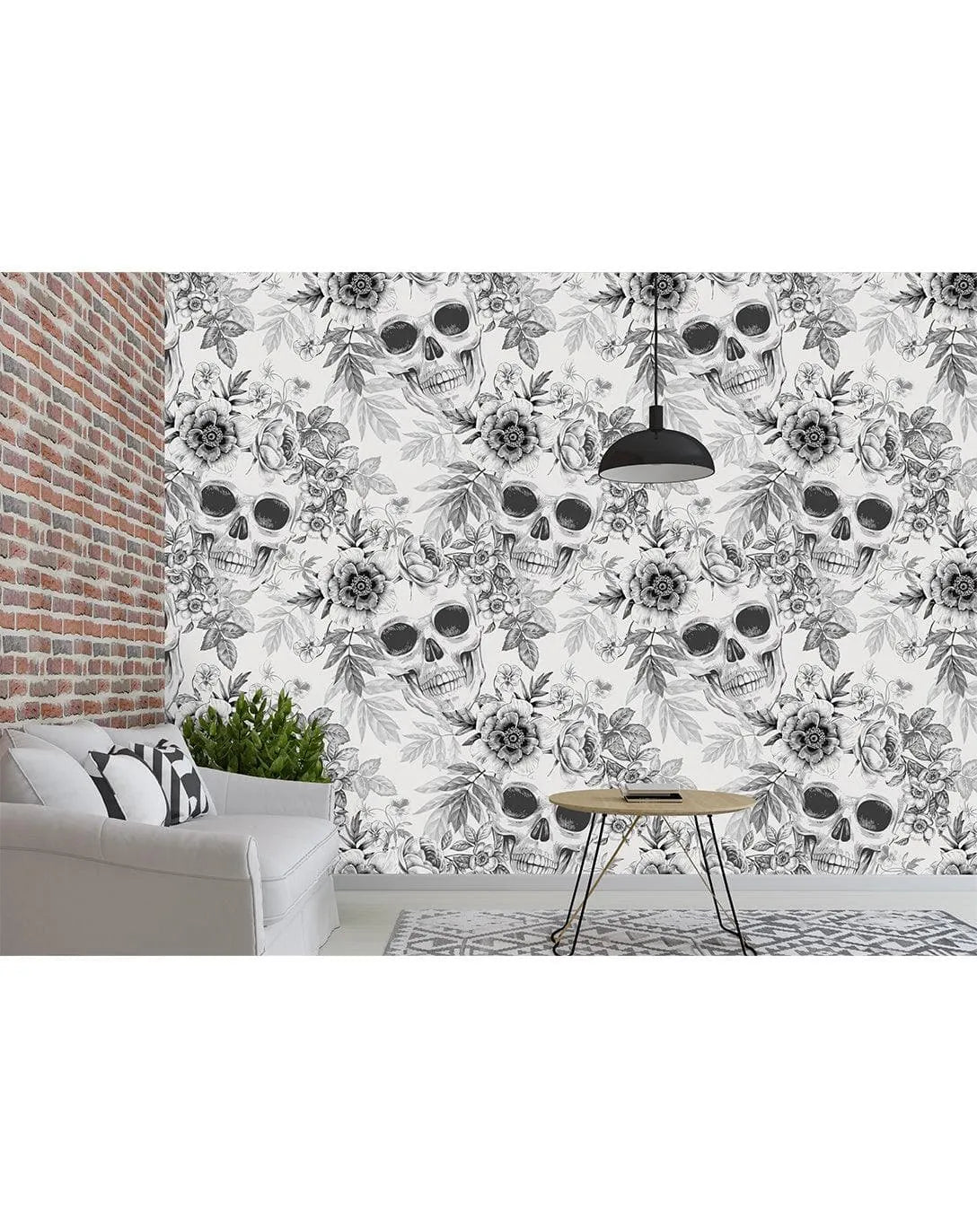 Black and White Skulls Flowers Self Adhesive Wallpaper