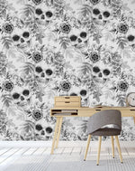 Black and White Skulls Flowers Self Adhesive Wallpaper