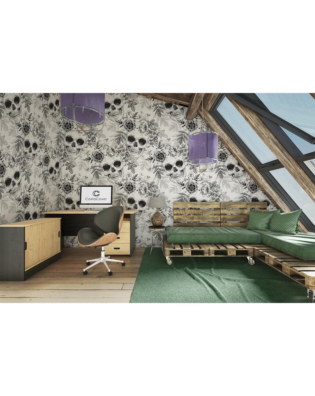 Black and White Skulls Flowers Self Adhesive Wallpaper