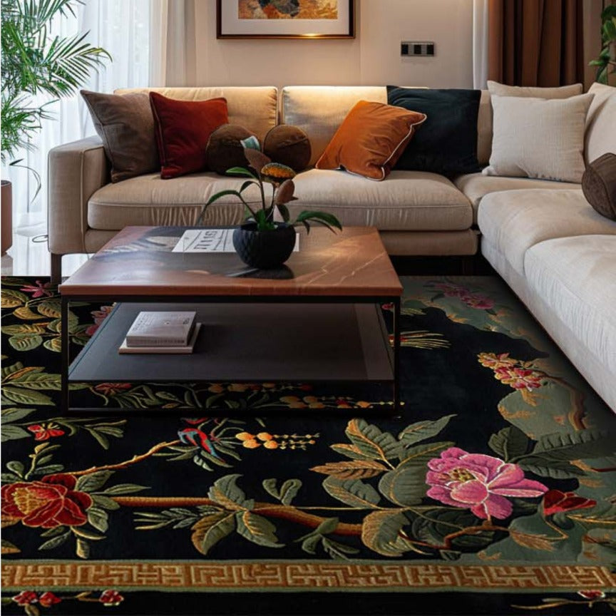 Black Floral Symphony Hand Tufted Rug