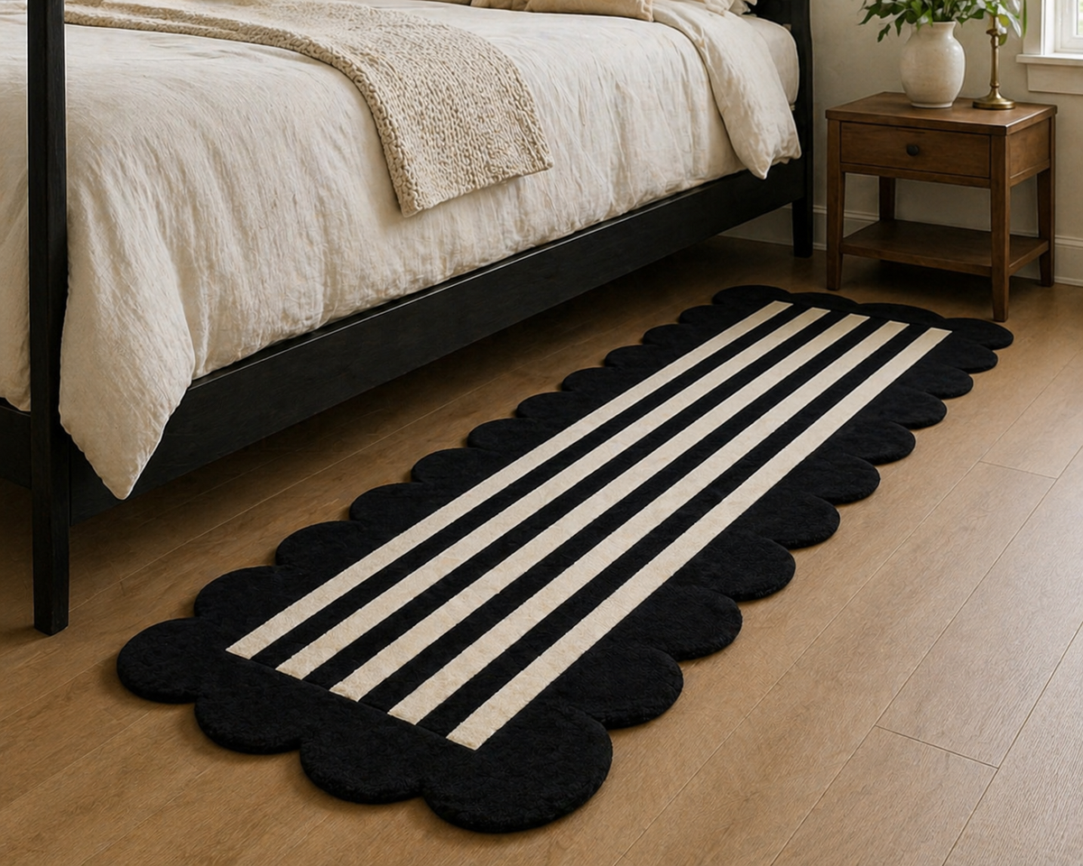 Black and white striped rug on a wooden floor in a bedroom setting.
