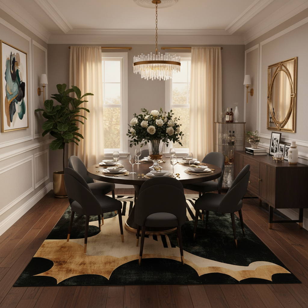 Modern dining room with a round table, chairs, and decorative elements.