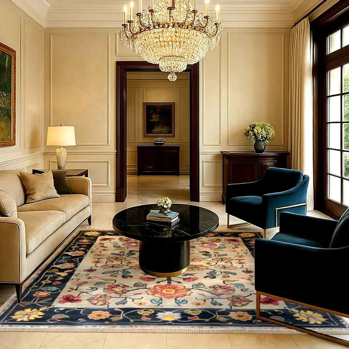 Elegant living room featuring the Blooming Arbor Hand Knotted Area Rug, ideal for rugs for bedroom or as a living room rug 8x10. This vintage Persian floral rug showcases a delicate design with vibrant colors, enhancing the luxurious ambiance of the space. The plush seating and classic chandelier complement the sophisticated style of the area rug, making it perfect for both bedroom and living room settings.