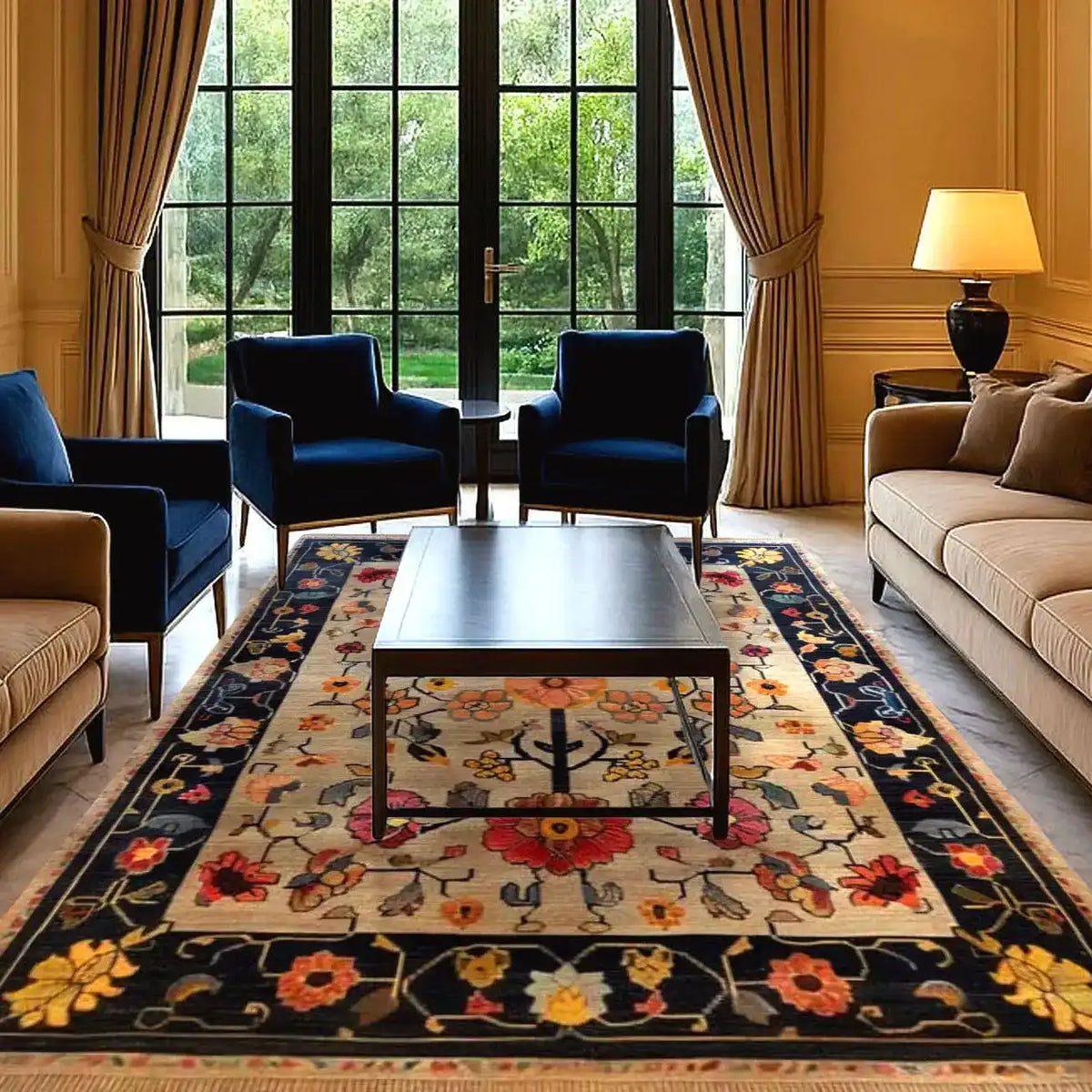 A beautifully designed Blooming Arbor Hand Knotted Area Rug in a luxurious living room setting. The Persian rug features a vibrant floral pattern with rich colors, perfect as a living room rug 8x10 or as a vintage rug for the bedroom. The elegant design enhances the room's ambiance, making it an ideal choice for those seeking exquisite rugs for bedroom or living room spaces.