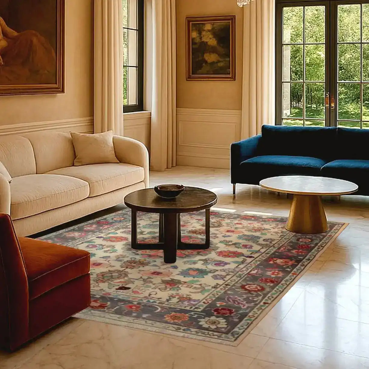 Elegant living room featuring a Blossom Vista Hand Knotted Area Rug with intricate floral patterns, perfect for adding a touch of vintage charm. This Persian-style floral rug complements the modern furniture, making it an ideal choice for rugs in living rooms.