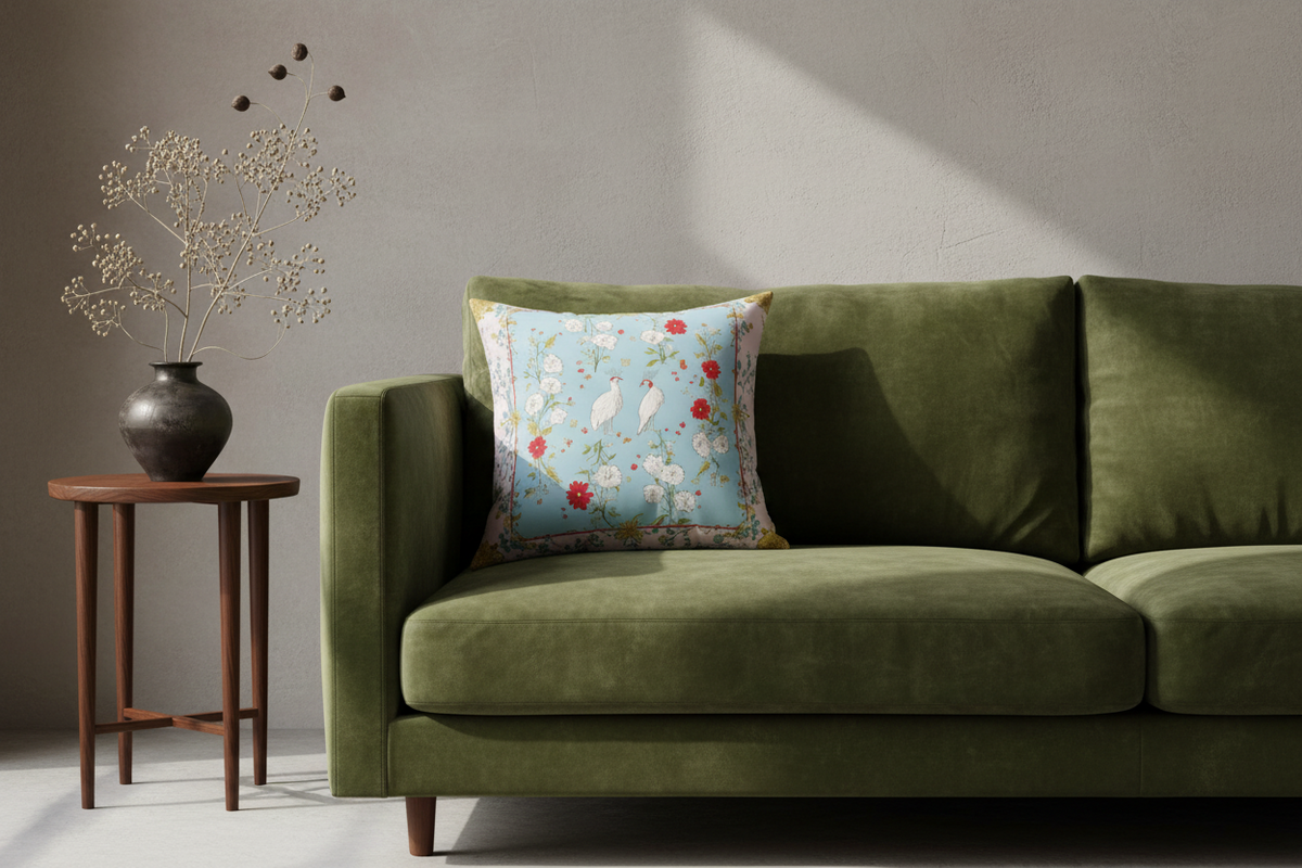 An olive green velvet sofa in a styled room setting, featuring a decorative light blue throw pillow with a white bird and red floral pattern, next to a small wooden side table with a dark vase of dried flowers.