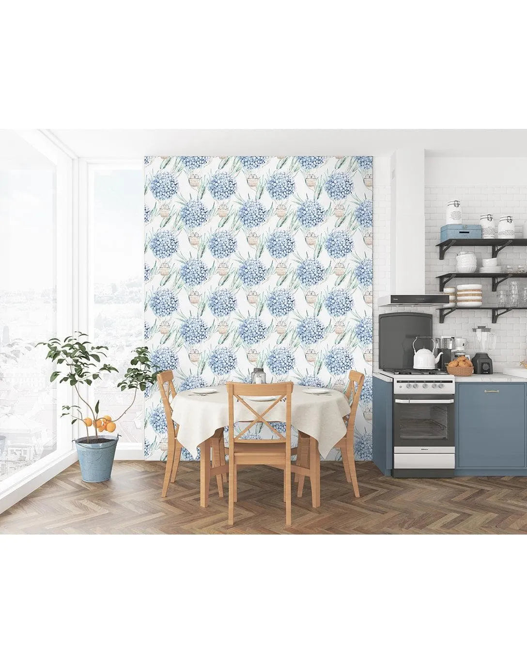 Blue Hydrangea Birds Watercolor Removable Wallpaper