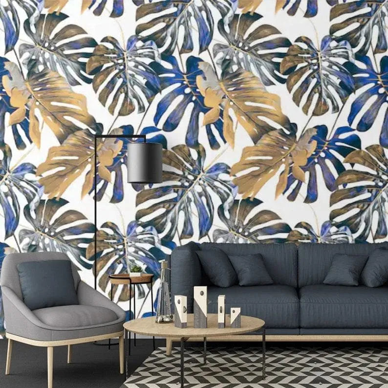 Blue Oversized Tropical Monstera Leaves Wallpaper