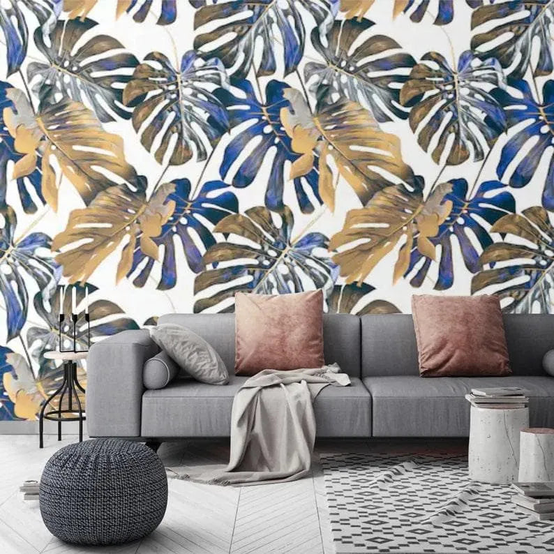 Blue Oversized Tropical Monstera Leaves Wallpaper