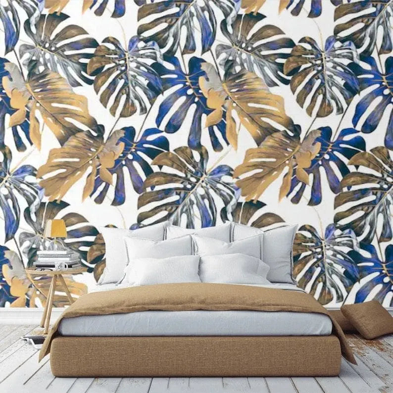 Blue Oversized Tropical Monstera Leaves Wallpaper