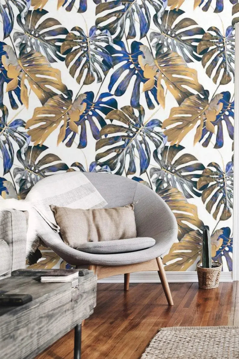 Blue Oversized Tropical Monstera Leaves Wallpaper