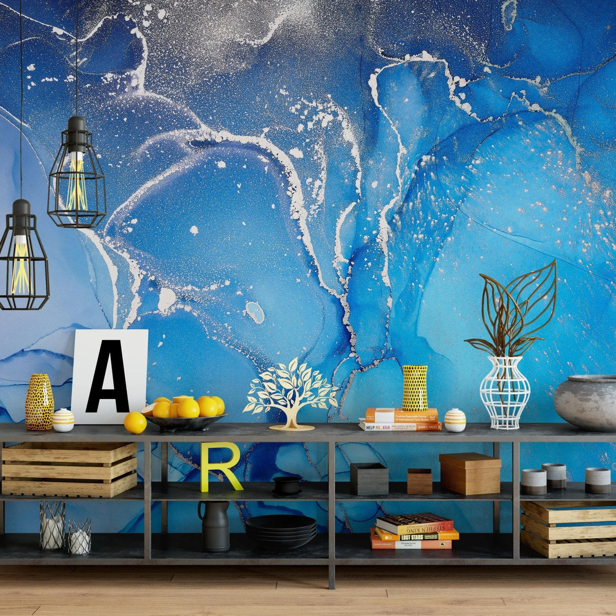 Blue Watercolor Paint Abstract Marble Wall Mural