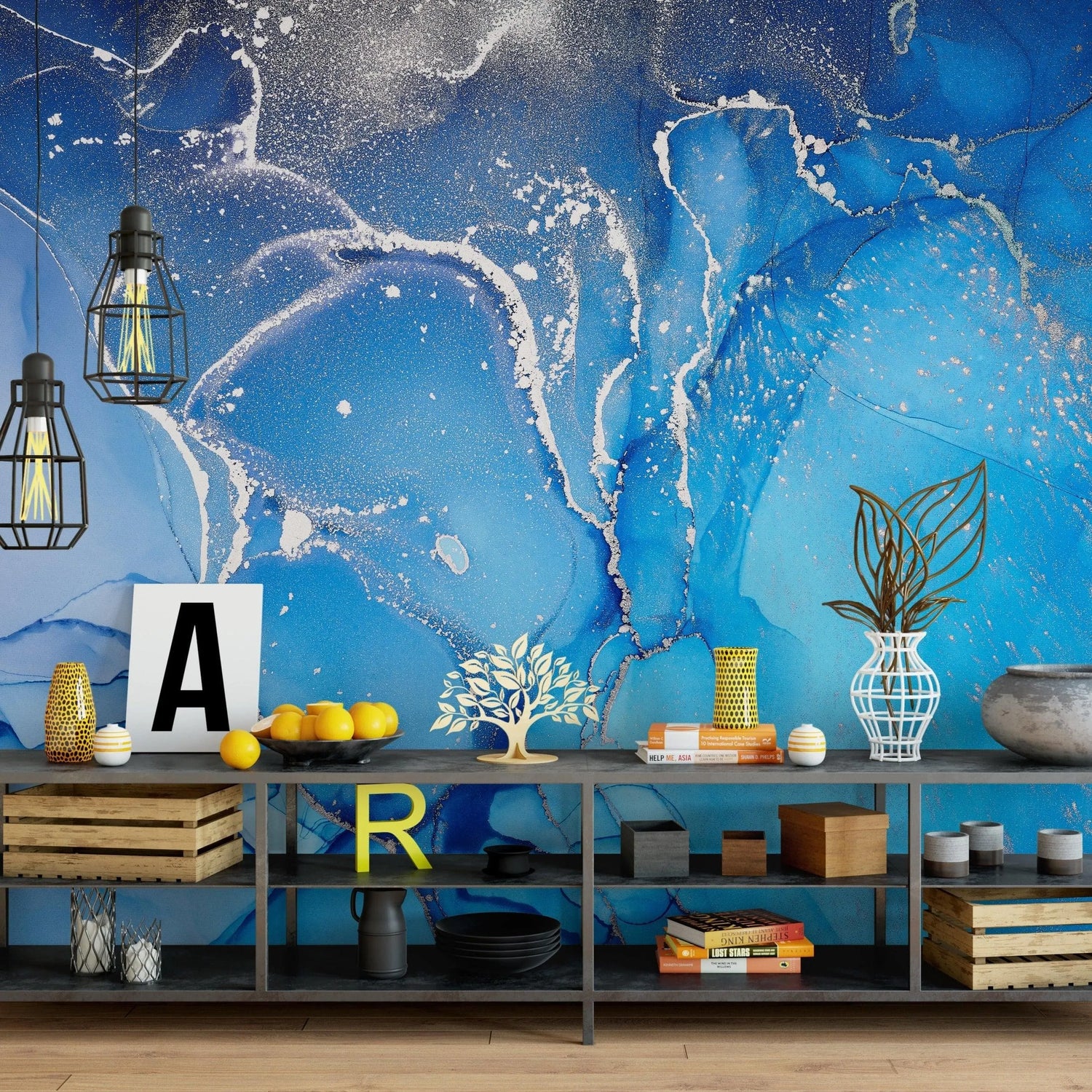 Blue Watercolor Paint Abstract Marble Wall Mural