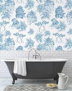 Blue and White Chinoiserie Tiger Pagoda Wallpaper